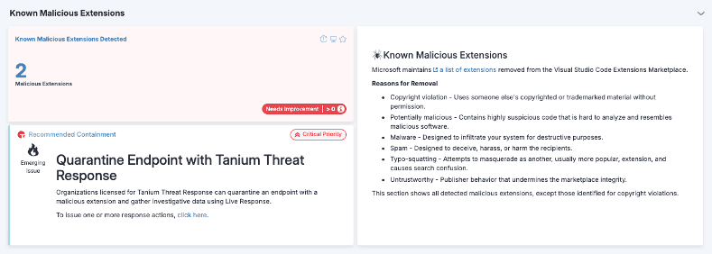 Product screenshot of Tanium Guardian identifying known malicious extensions