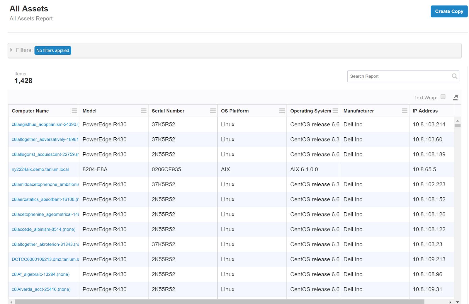 Screenshot of Tanium All Assets Report showing computer names, models, serial numbers, OS platforms, and IP addresses