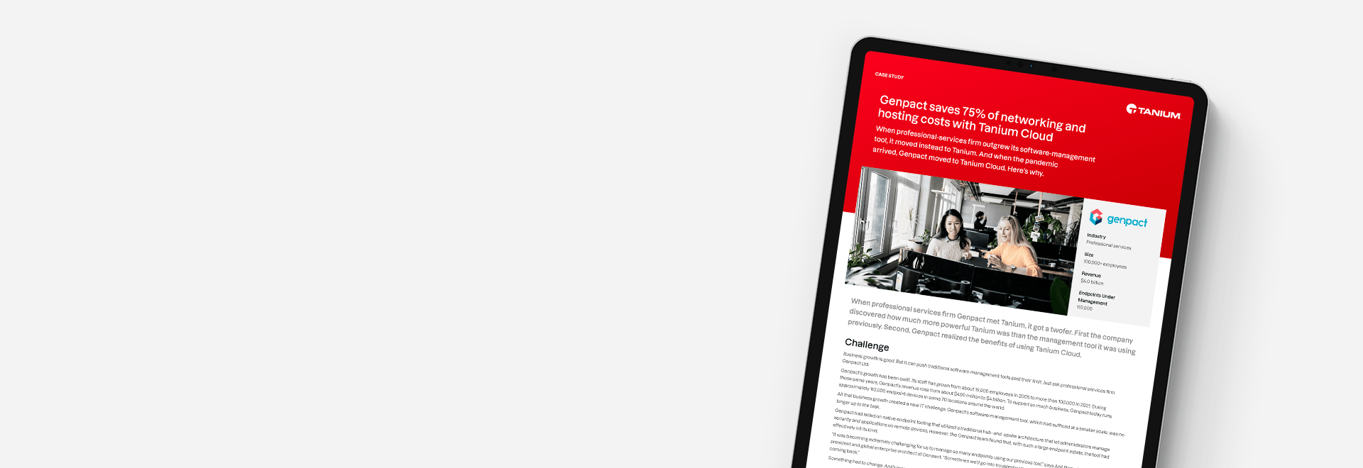 Tablet mockup of "Genpact saves 75% of networking and hosting costs with Tanium Cloud" case study