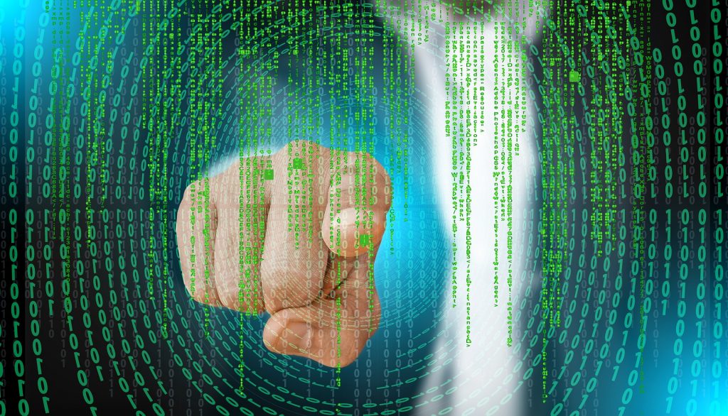 Abstract illustration of glowing head overlaid with digital code