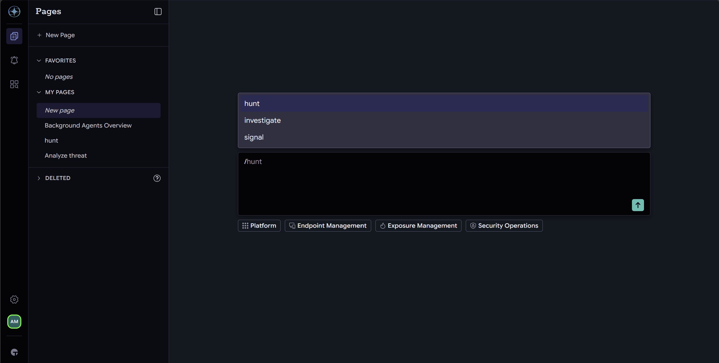 Atlas chat showing the slash command picker with the hunt, investigate, and signal commands