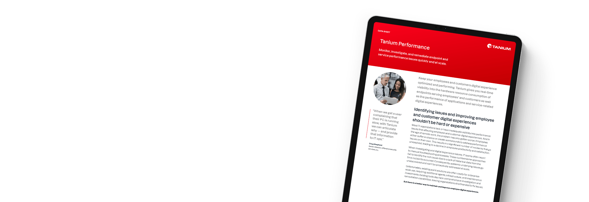 Tablet showing Tanium Performance data sheet with endpoint monitoring capabilities