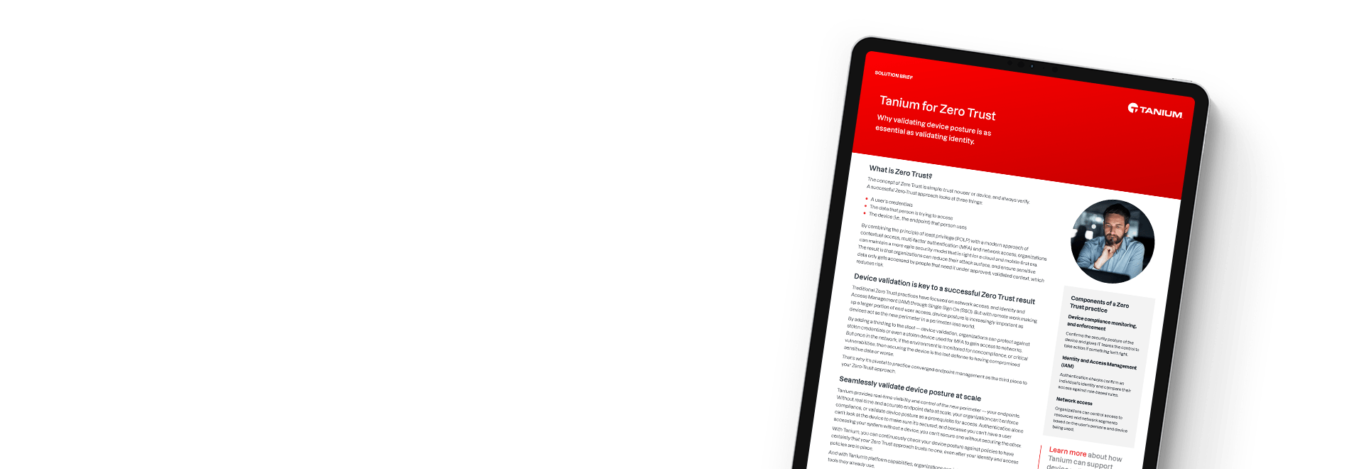 Tablet displaying Tanium for Zero Trust solution brief with validation approach