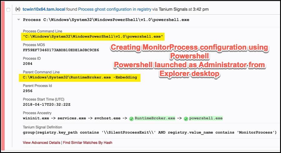 Tanium Signals showing Powershell launching as Administrator from Explorer