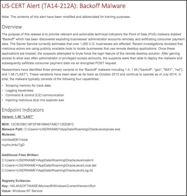 US-CERT Alert document showing Backoff Malware indicators including MD5 hash, file paths, and registry keys