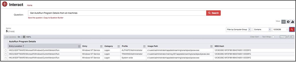 Tanium Interact query displaying autorun program details and registry information from malware analysis