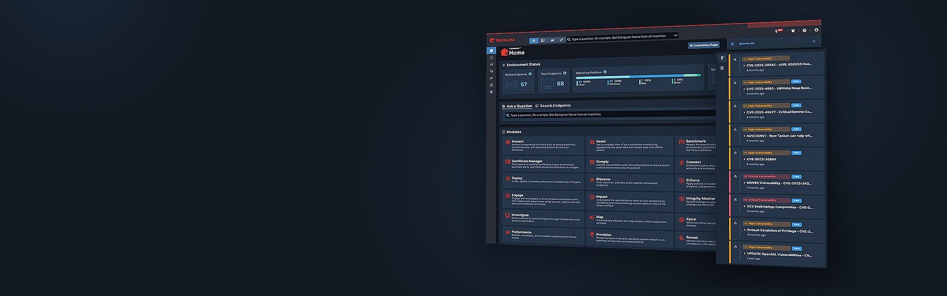 Tanium Guardian hero dashboard mockup with security alert visualization