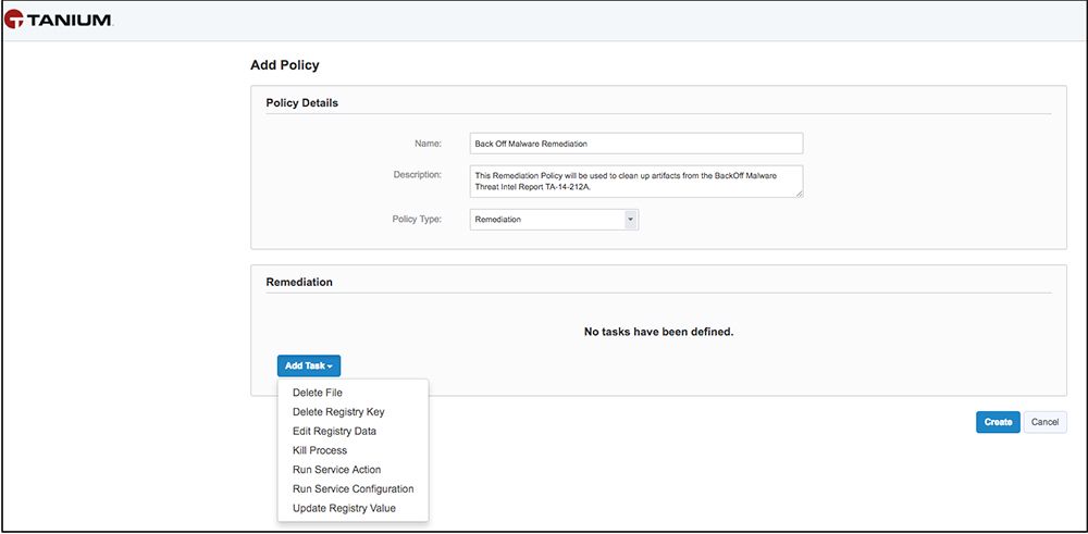 Tanium Protect policy creation interface for malware remediation showing available remediation task options