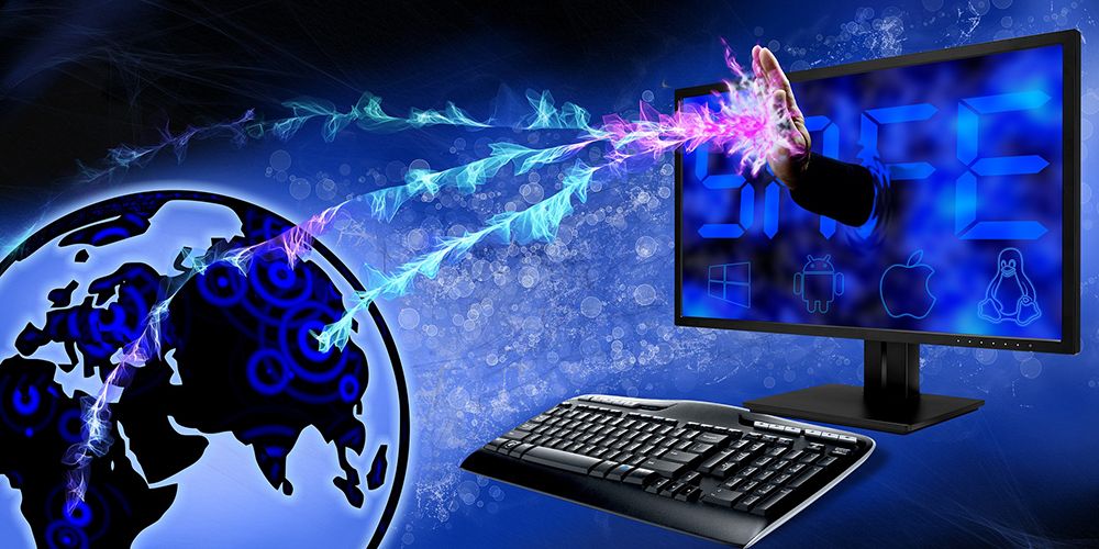 Blue illustration of global IT operations with globe and keyboard