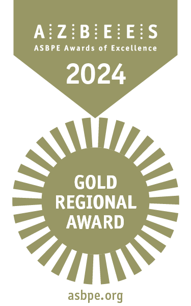 Image of a gold and white medal hanging from a ribbon that reads, Azbees 2024, Gold Regional Award