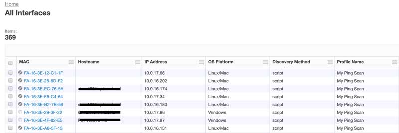 Screenshot of Tanium All Interfaces page listing 369 network interfaces with MAC address, hostname, IP address, and OS platform information