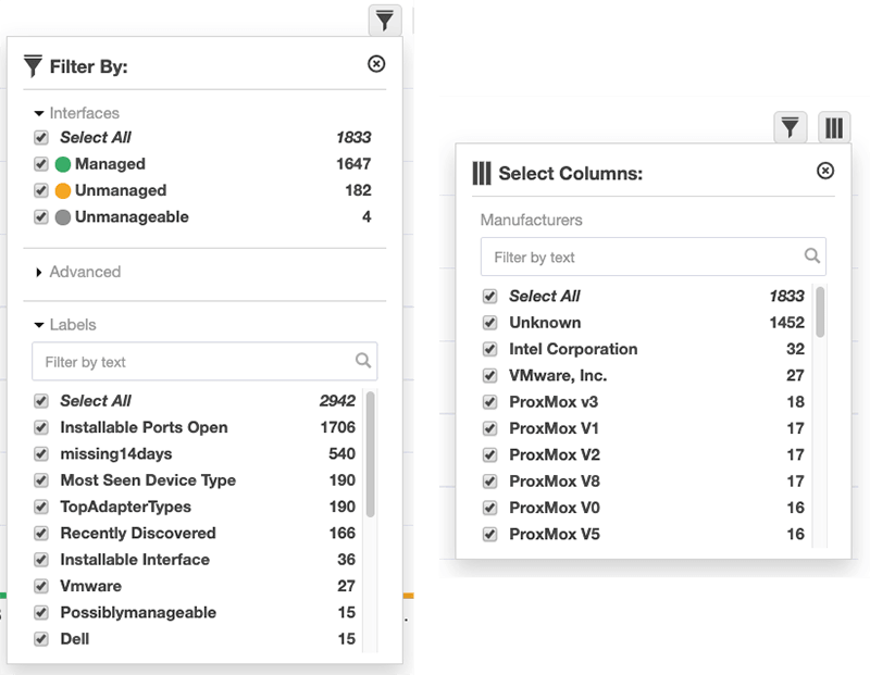 Tanium Discover interface showing network filtering and manufacturer column selection