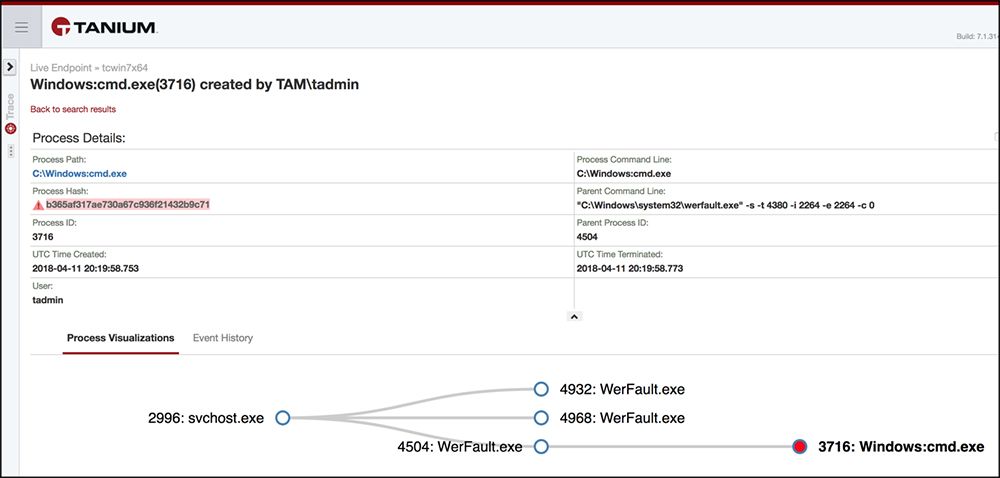 Tanium Ask response showing Windows command execution details