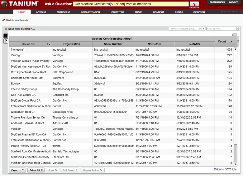 Screenshot of Tanium interface displaying machine certificate inventory table with issuer and expiration information