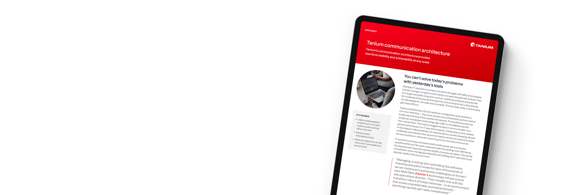 Tablet showing Tanium communication architecture data sheet with system overview