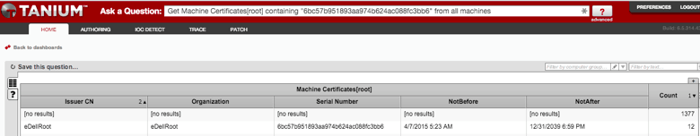 Screenshot of Tanium interface showing machine certificate inventory and status
