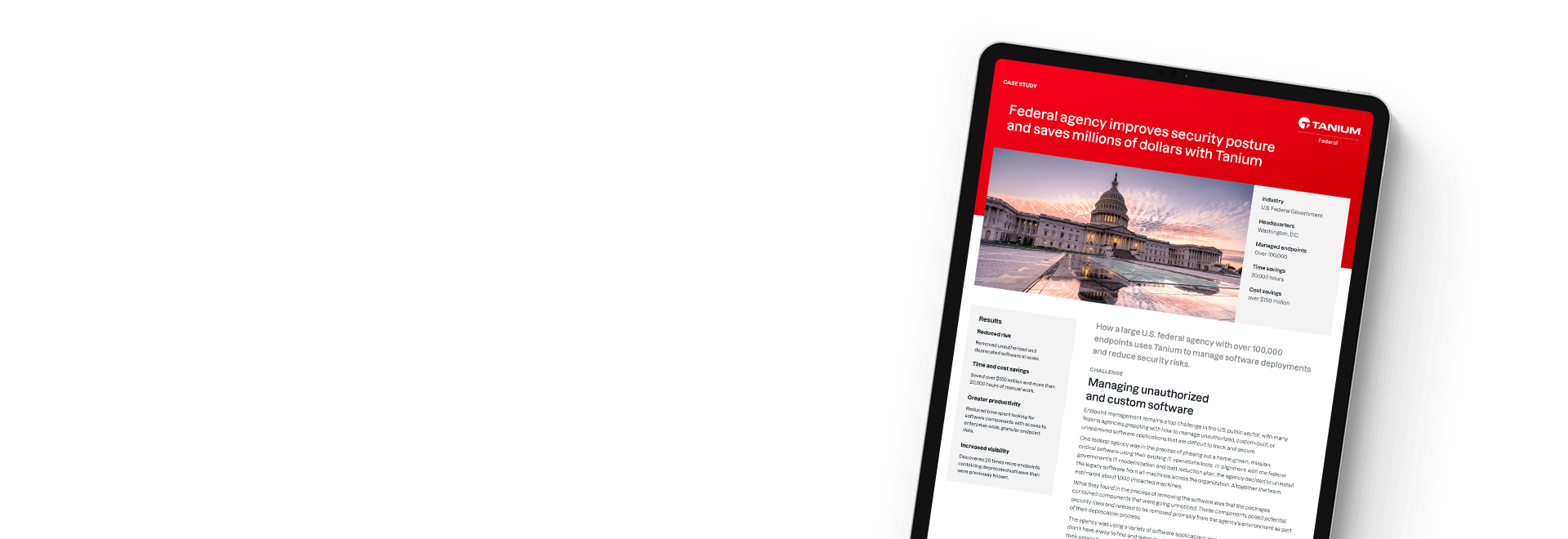 Tablet showing case study 'Federal agency improves security posture with Tanium' with Capitol building