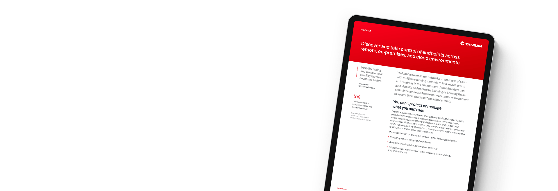 Tablet showing Tanium Discover data sheet with endpoint discovery features