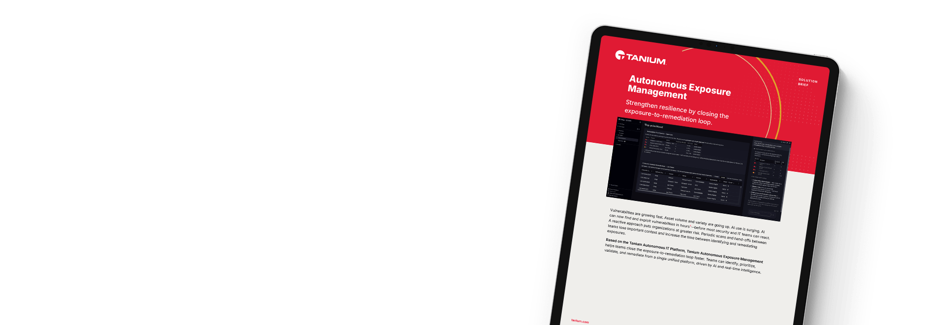 Tablet mockup of "Autonomous Exposure Management" solution brief with red branding