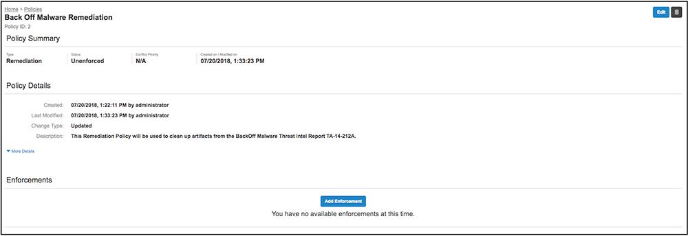 Tanium Protect policy summary page for malware remediation policy showing deployment status and details