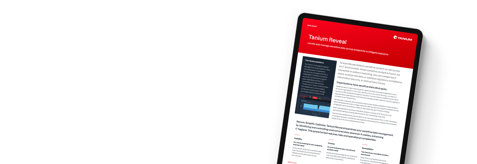 Tablet showing Tanium Reveal data sheet with endpoint visibility solutions