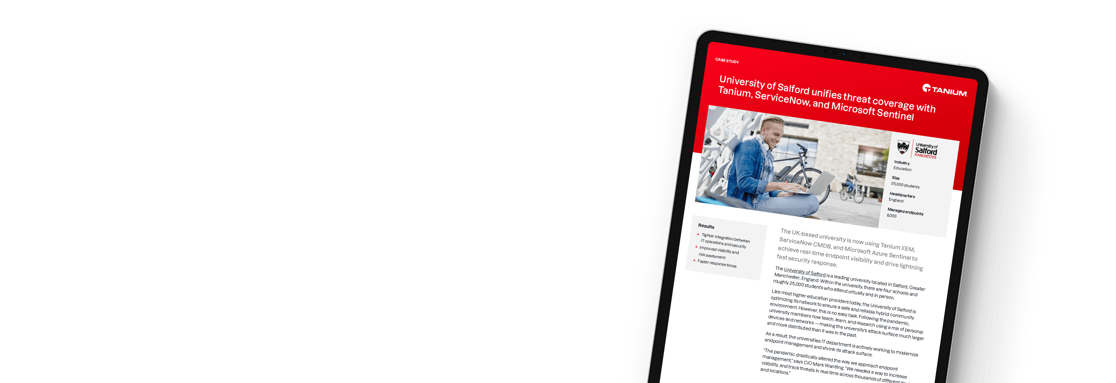 Tablet showing University of Salford case study with threat coverage integration