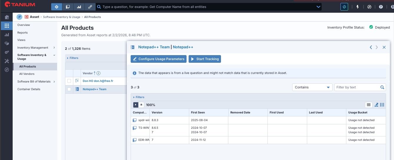 Screenshot of Tanium Software Usage and Inventory