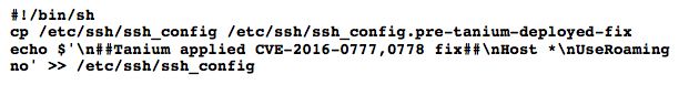 Shell script command for applying OpenSSH CVE-2016-0777 fix using Tanium