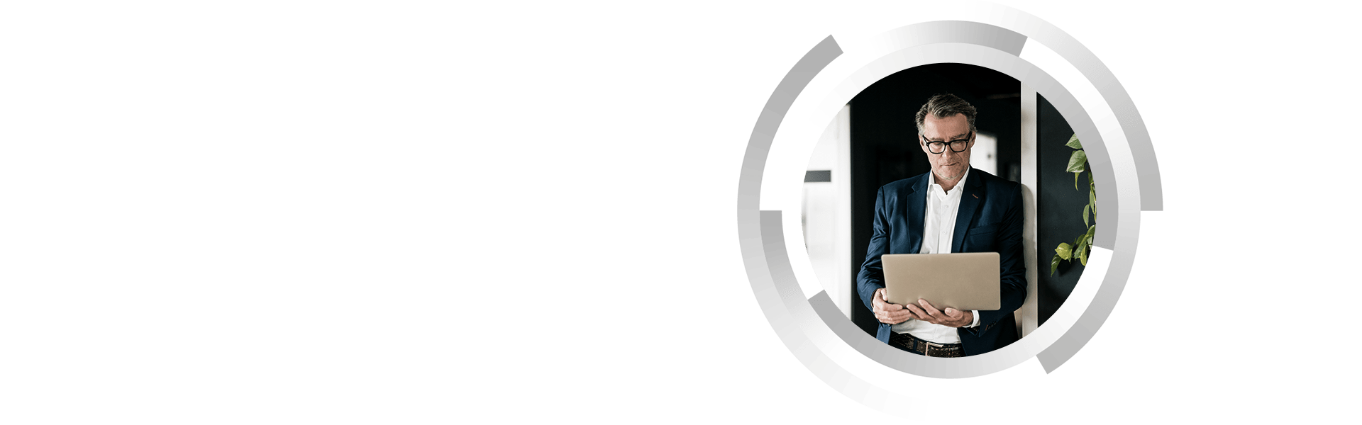 Professional man in blue blazer with laptop in circular portrait with geometric design