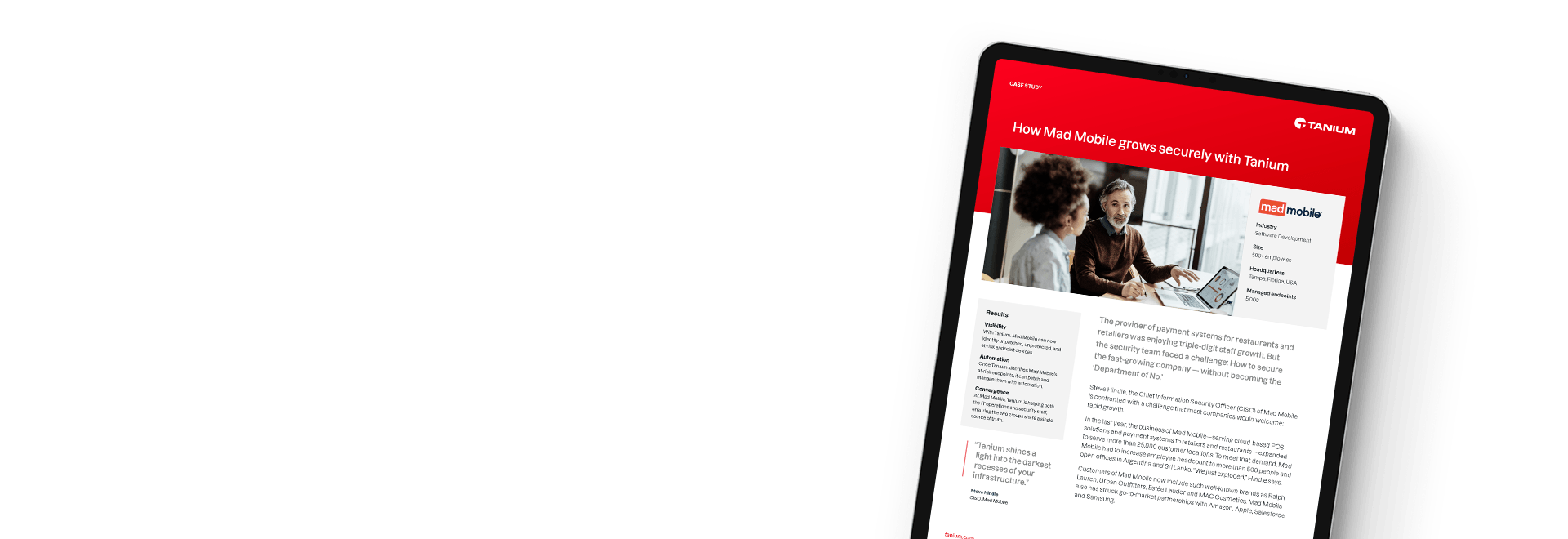 Tablet showing case study 'How Mad Mobile grows securely with Tanium'