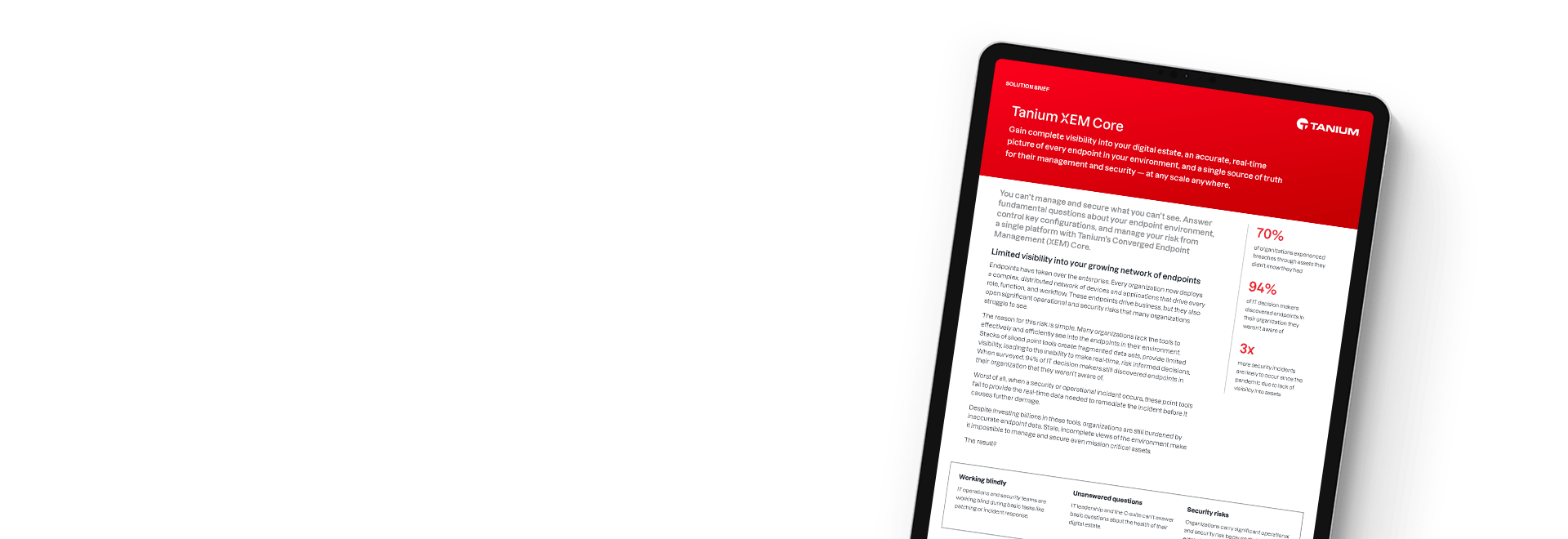 Tablet displaying solution brief 'Tanium XEM Core'