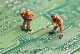 Illustration of construction workers on a circuit board