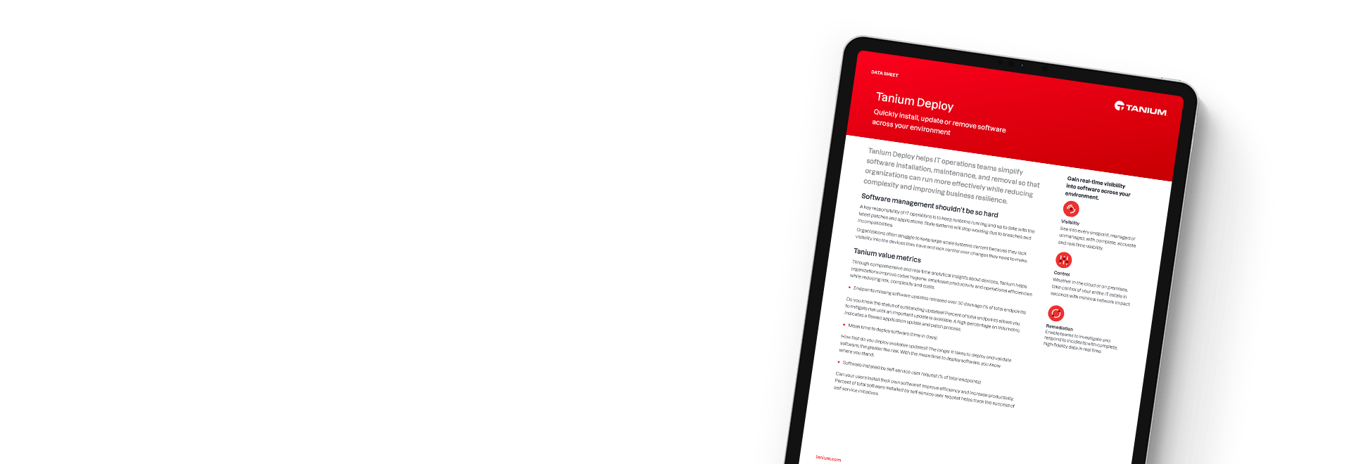 Tablet showing Tanium Deploy data sheet covering software deployment solutions