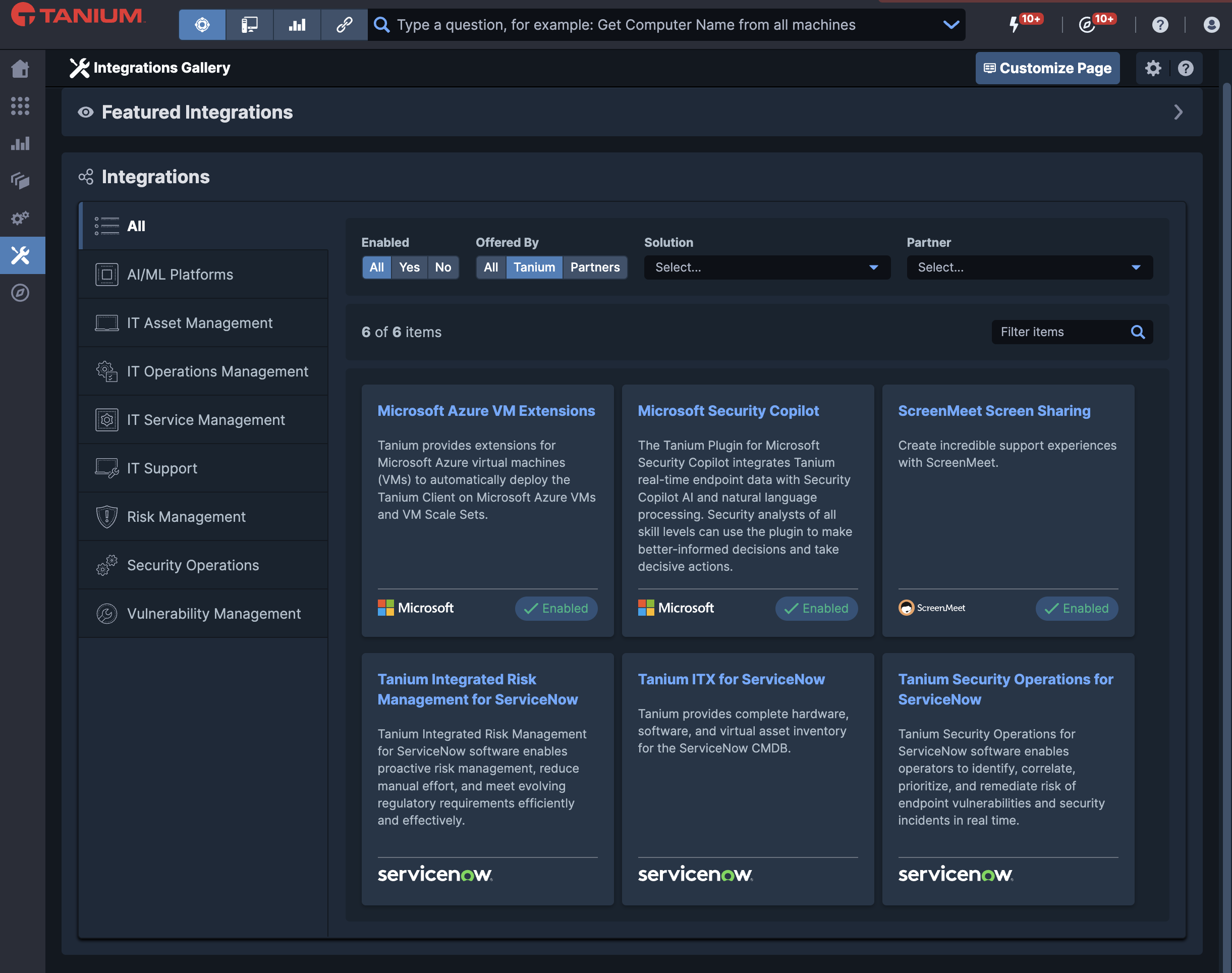 Screenshot of Tanium Integrations Gallery