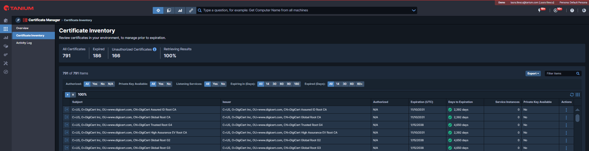 Figure 1: The Certificate Inventory tab introduces the ability to launch actions like “Replace” or “Download Certificate,” which can be accessed under the Actions column.