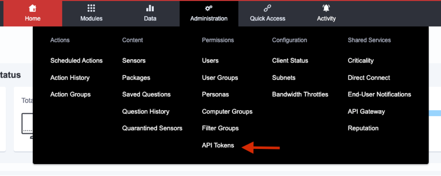 Screenshot 1: Showing where to create API Tokens within the Tanium console