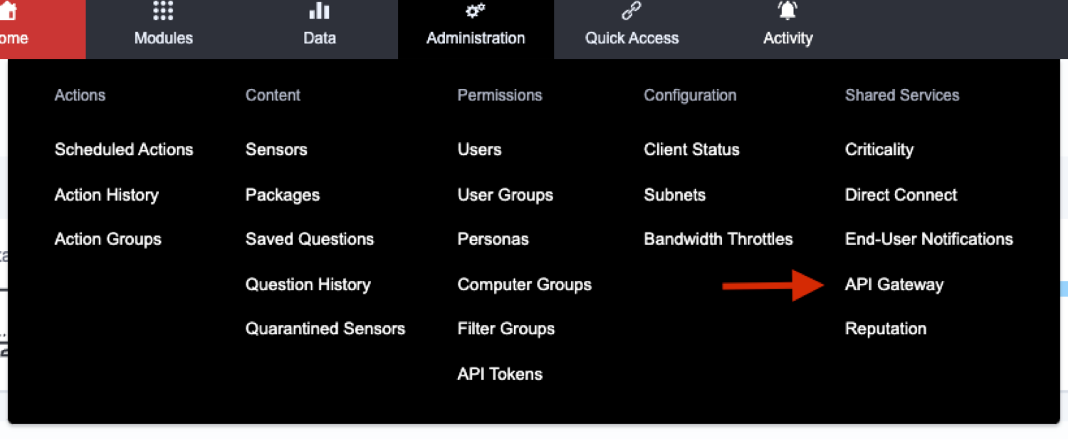 Screenshot 2: Showing where the API Gateway is in the Tanium console