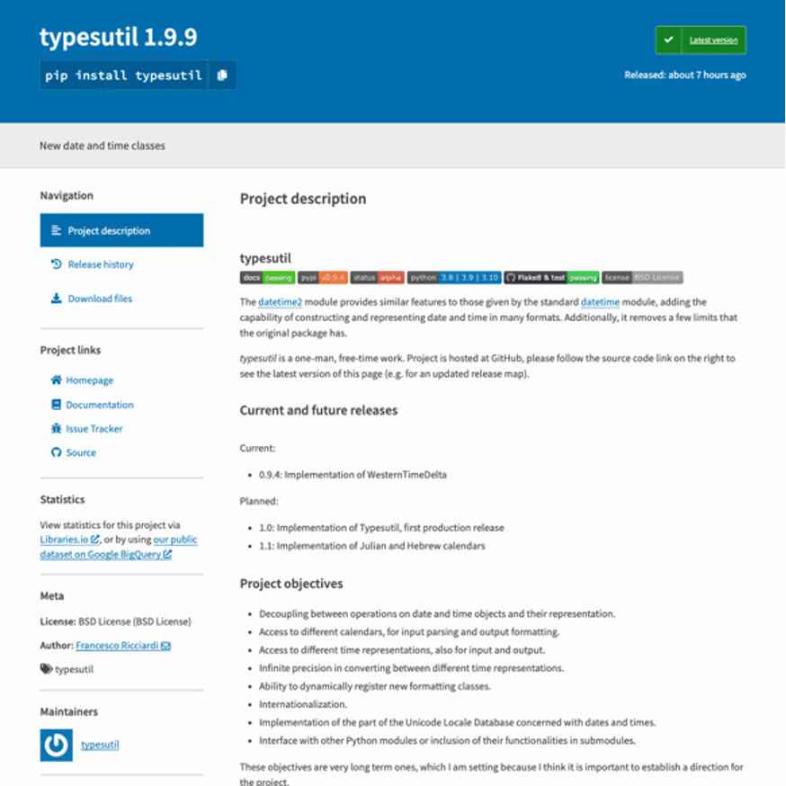 PyPI landing page for the malicious package typesutil