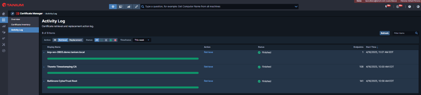 Figure 2: The Activity Log is a new tab that keeps a record of historical certificate replacement actions.