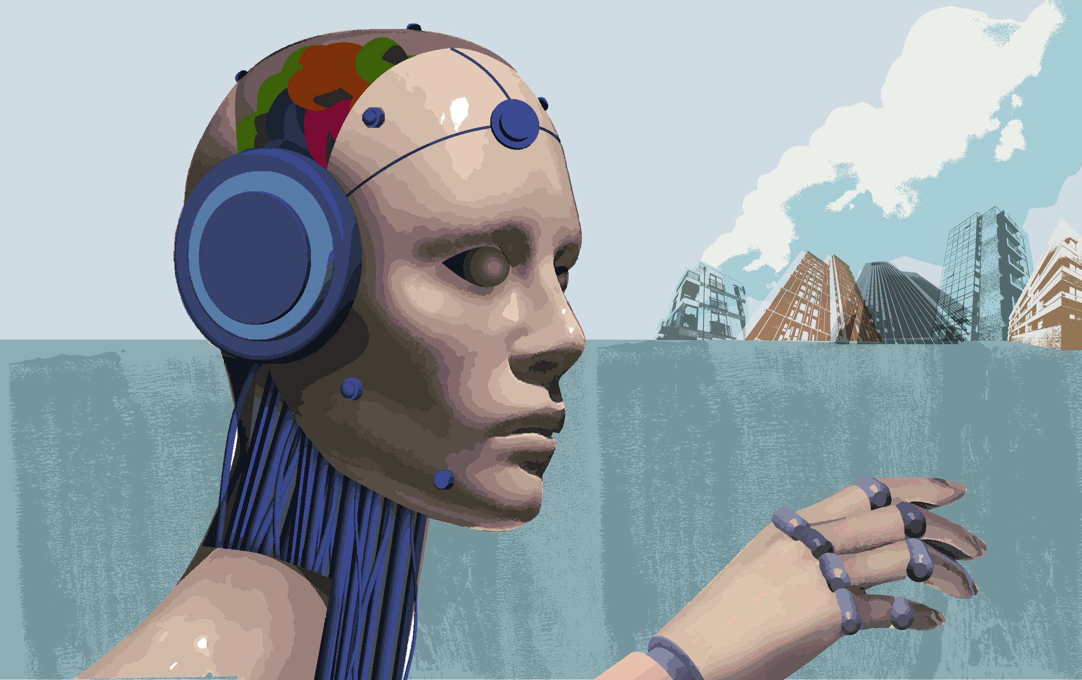 An image that looks like a painted portrait of an android wearing bright blue headphones, with skyscrapers towering in the background.