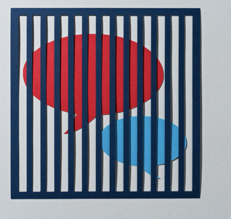 Two speech bubbles, one red, one turquoise, sit caged behind bars.