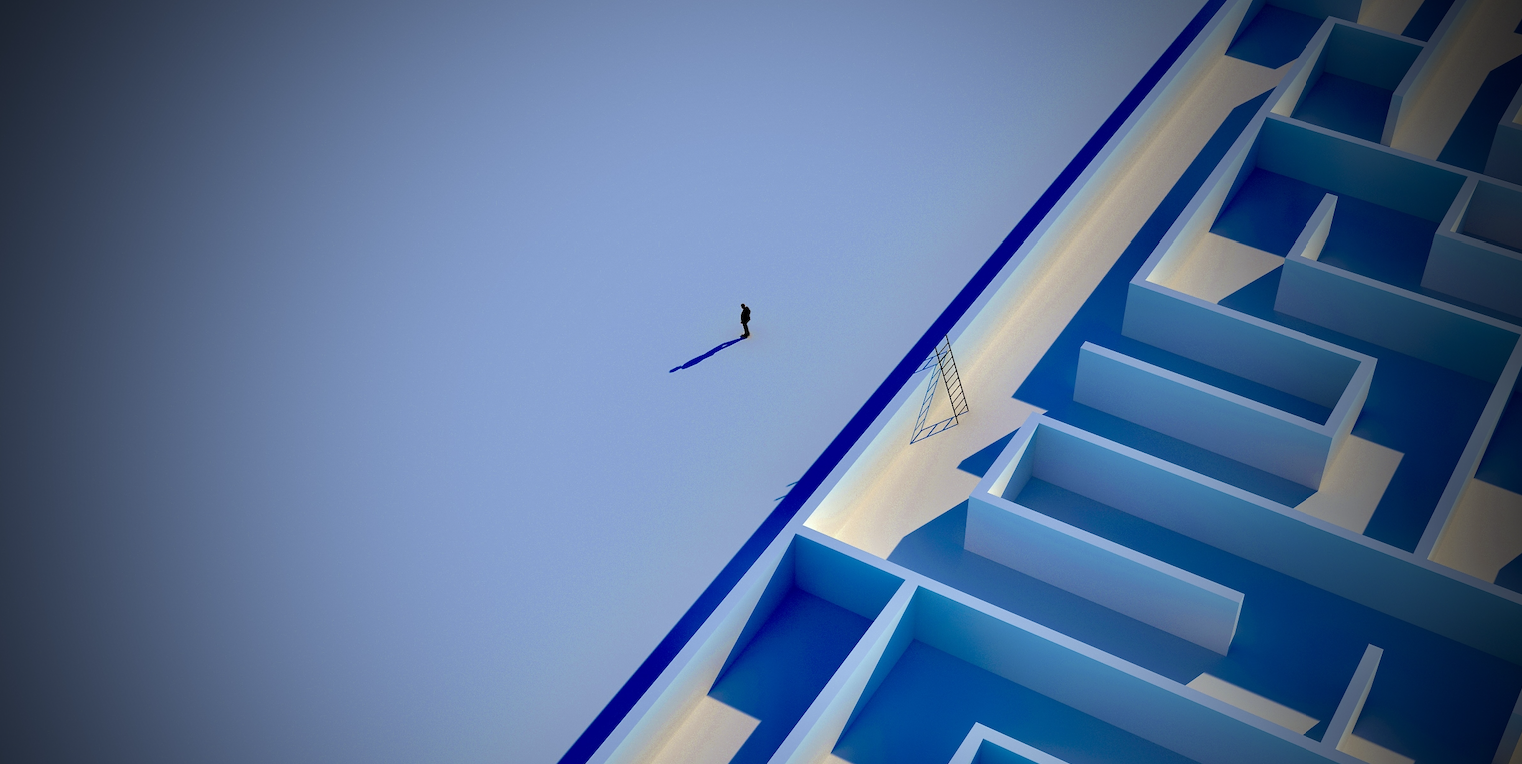An image, seen from high above, of a businessman standing near a ladder that leans against the wall of a large maze.