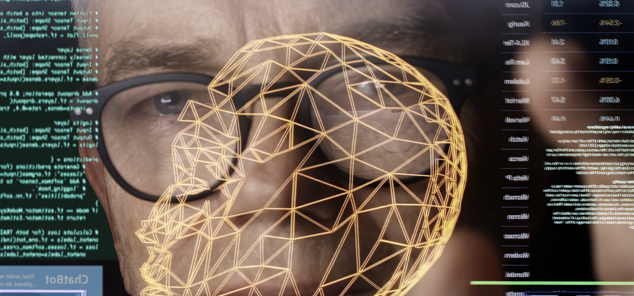 An image of a man as if seen through a touch screen as he studies graphic displays of AI avatars and coding.