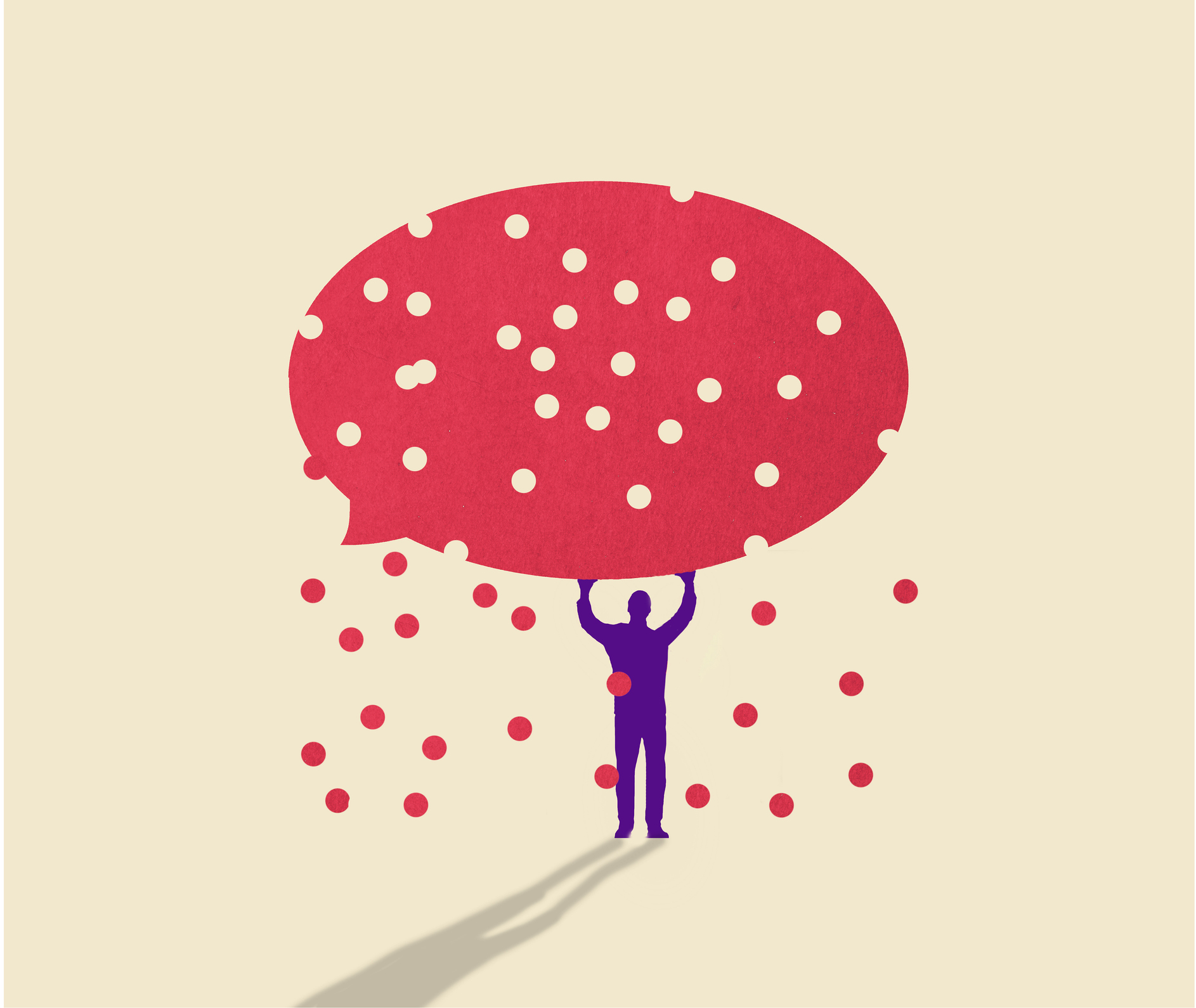 An illustration of a man seen in blue silhouette holding over his head a large red speech bubble, which is punched with holes.