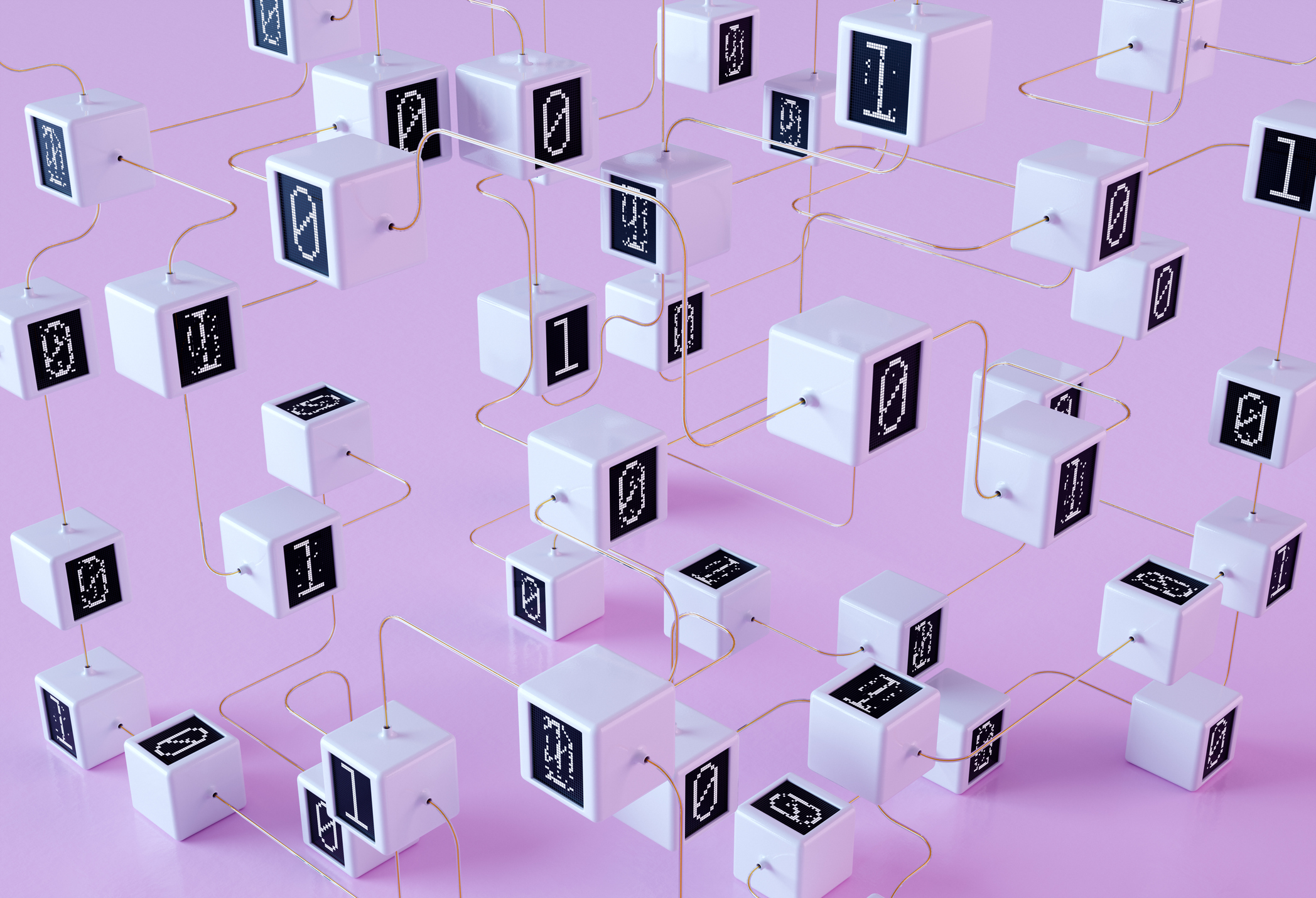 In a cold lavender void, clear wires link white cubes labeled one or zero and facing different directions.