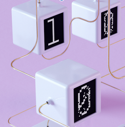 In a cold lavender void, clear wires link white cubes labeled one or zero and facing different directions.