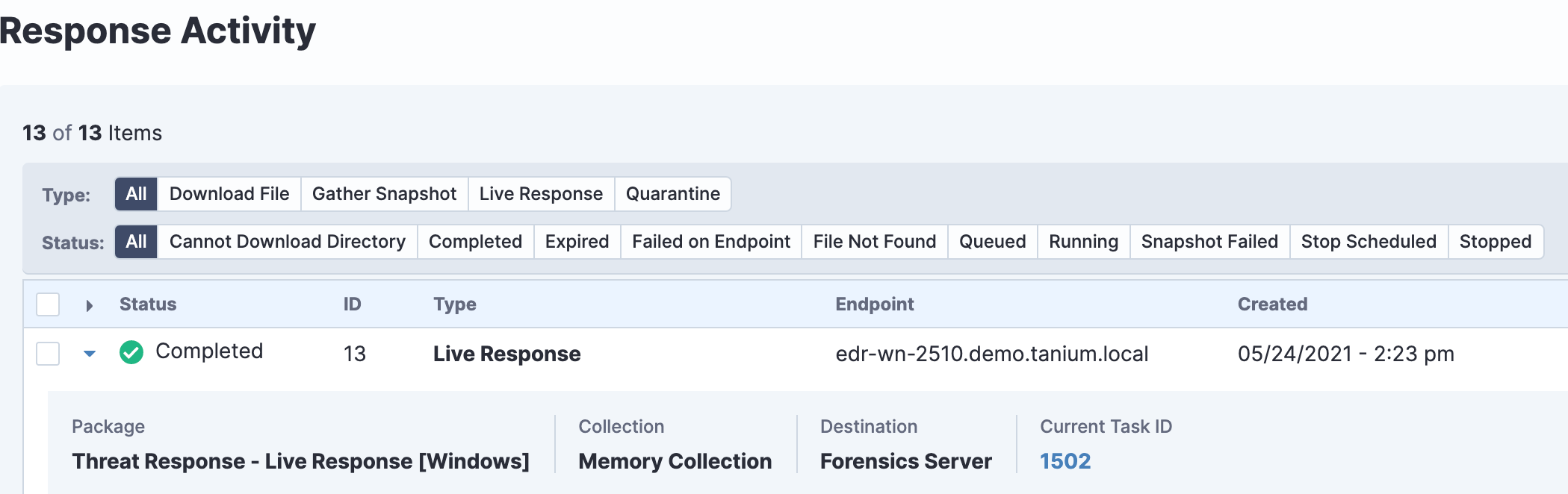 screenshot of Tanium console status report