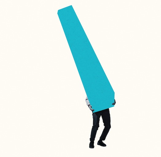 Image of a man struggling to carry a large turquoise bar graph against a white background.