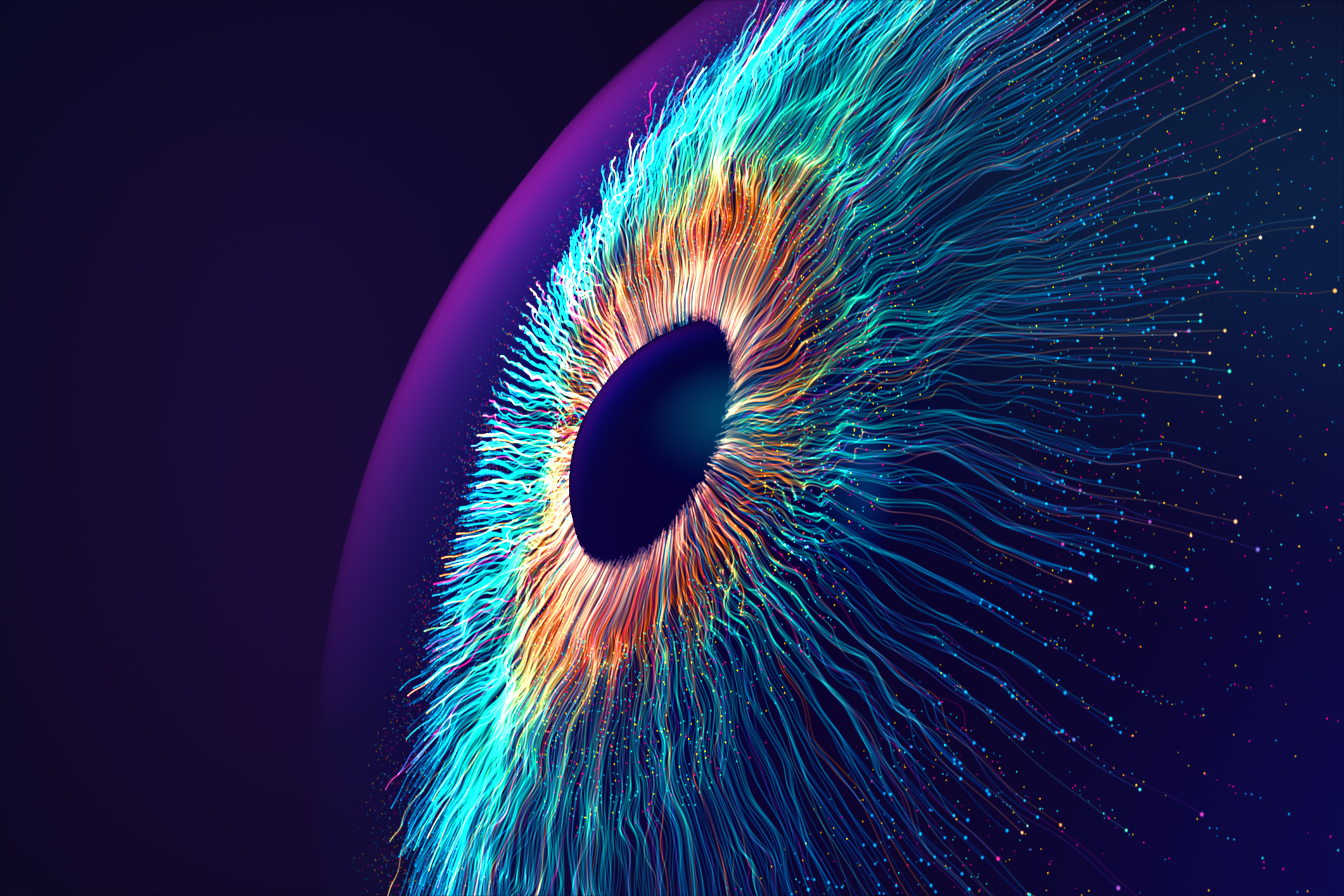 A starburst of fiber-opticlike streaks forms the image of an eyeball floating in space.