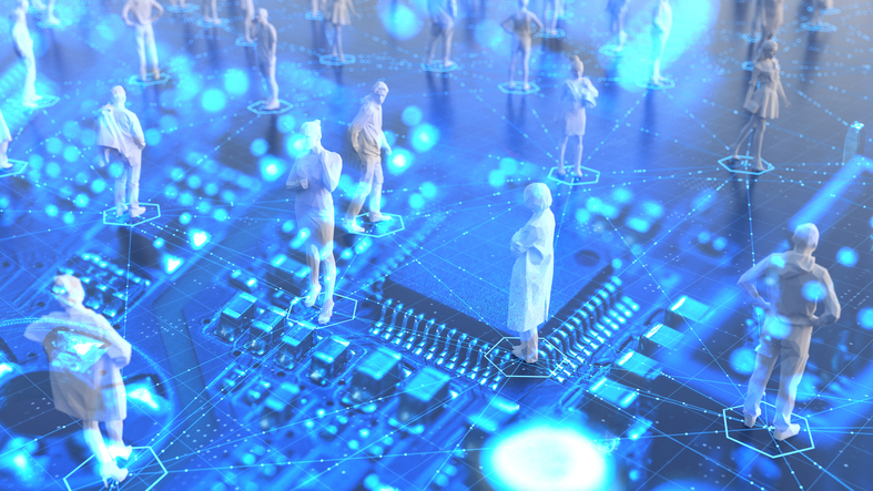 A photo of a computer chip overlaid with human figures facing in different directions and bathed in a blue light.